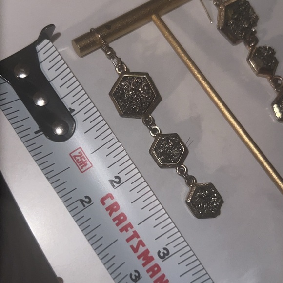 3 tier dangle earrings gold and black sparkle quartz rock octagon shaped 3” long - Picture 14 of 14